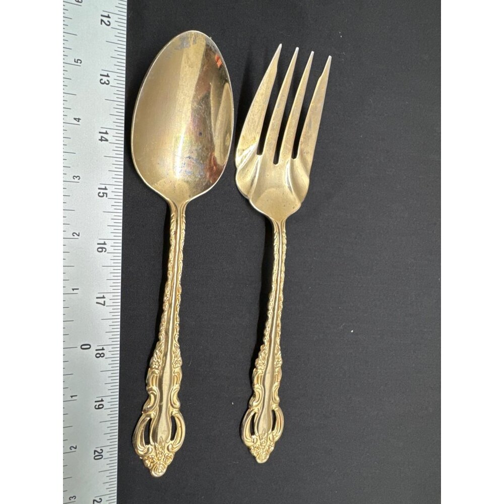 Vintage Wallace Golden Countess Baroque Serving Spoon & Fork Set 12.5" Stainless